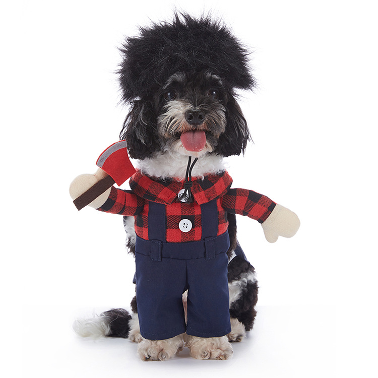Dog wearing a plaid thug Halloween costume with red flannel shirt and blue overalls