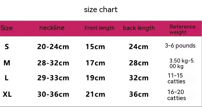 Halloween dog costume size chart showing neckline, front length and back length for sizes S to XL