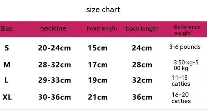 Halloween dog costume size chart showing neckline, front length and back length for sizes S to XL