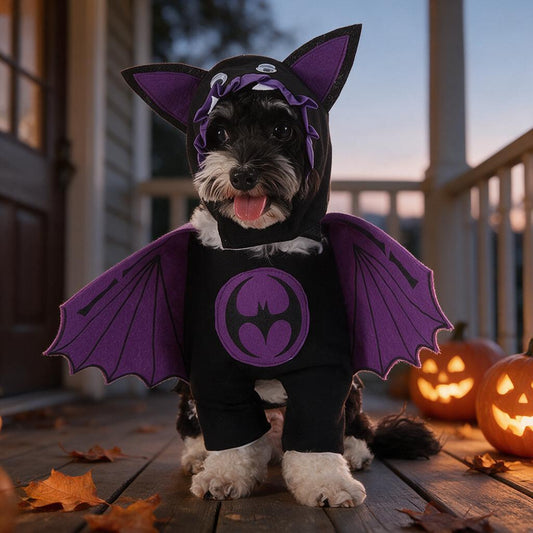 Small dog in a purple bat wing Halloween costume on a porch with jack-o-lanterns