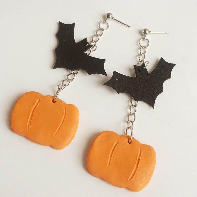 Black bat and orange pumpkin clay drop earrings