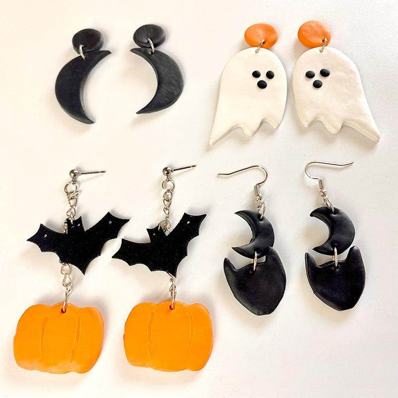 Halloween clay earrings: bat and pumpkin, moon and cat, ghost and moon styles