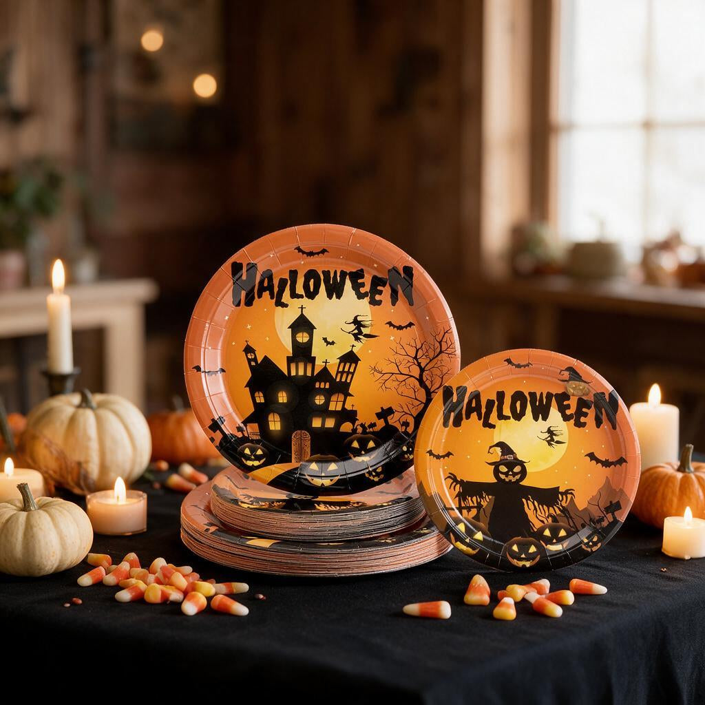 Halloween haunted house and scarecrow paper plates on a party table with candy corn and pumpkins