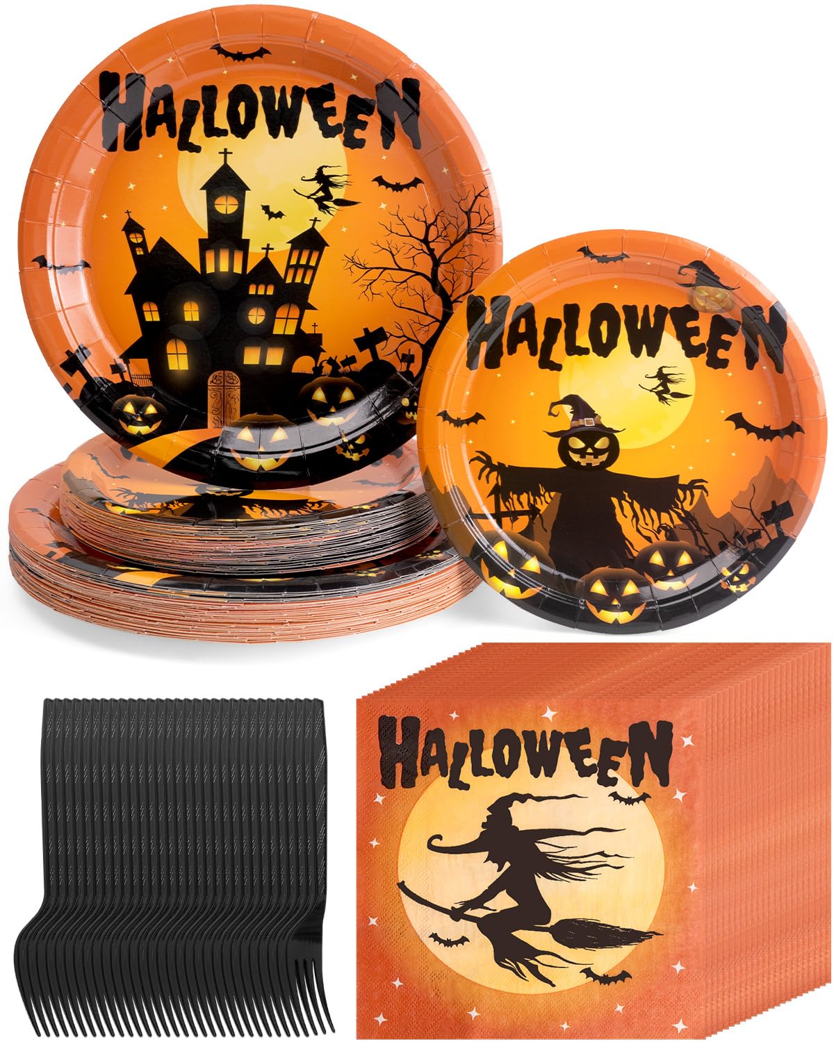 Halloween party tableware set: haunted house and scarecrow plates, witch napkins and black plastic forks