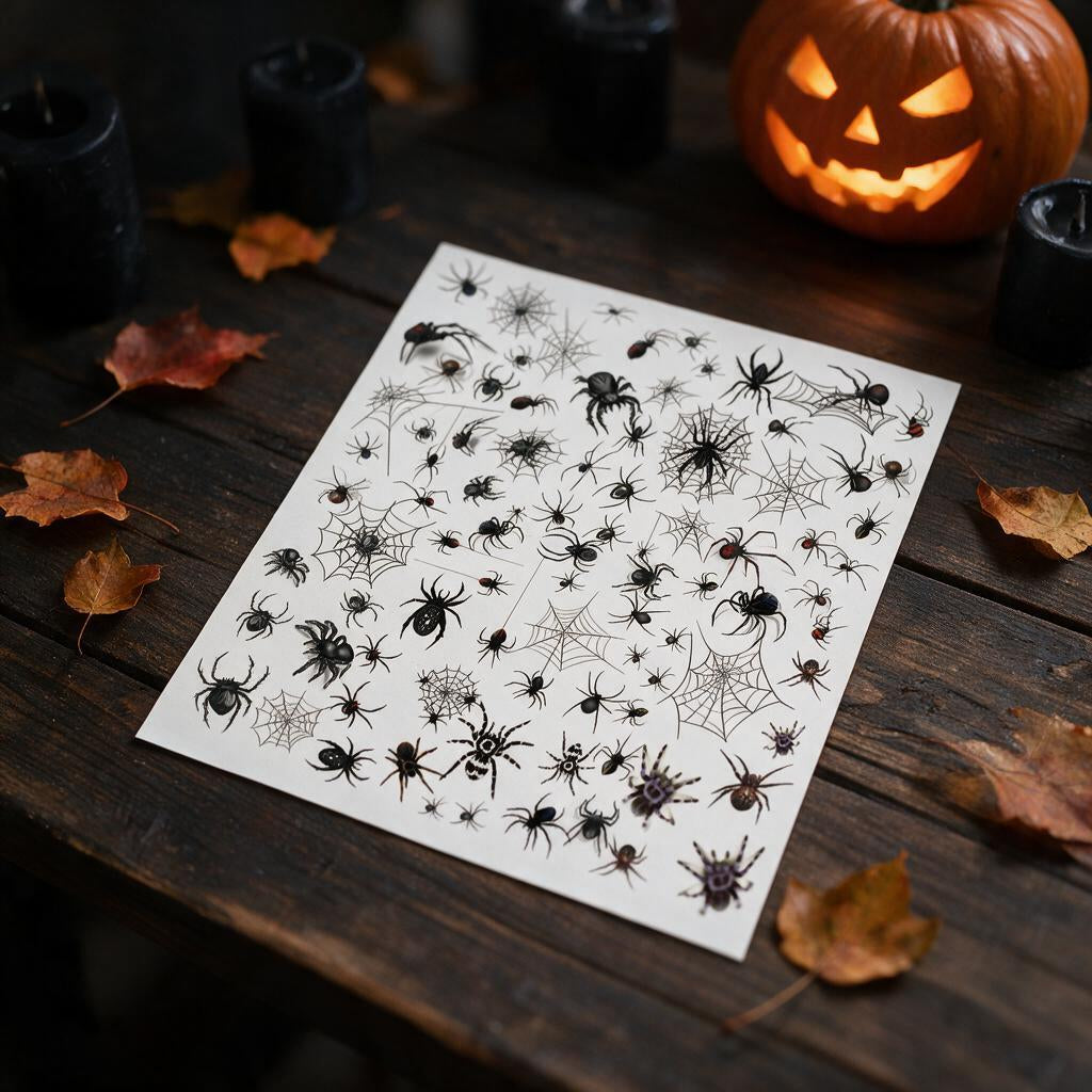 Spider and web temporary tattoo sheet on a dark wood table with a jack-o-lantern