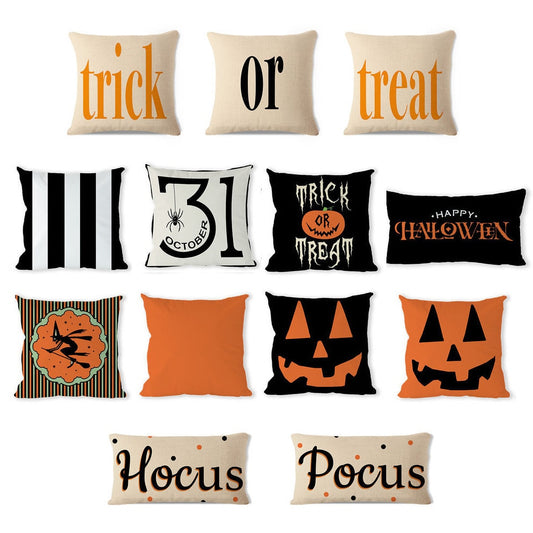 All 12 Halloween pillow cover designs: Trick or Treat, Hocus Pocus, October 31, jack-o-lanterns, stripes and witch