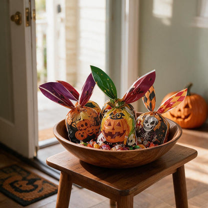 Halloween treat bags filled with candy and tied with bunny-ear twist ties in a wooden bowl by the front door