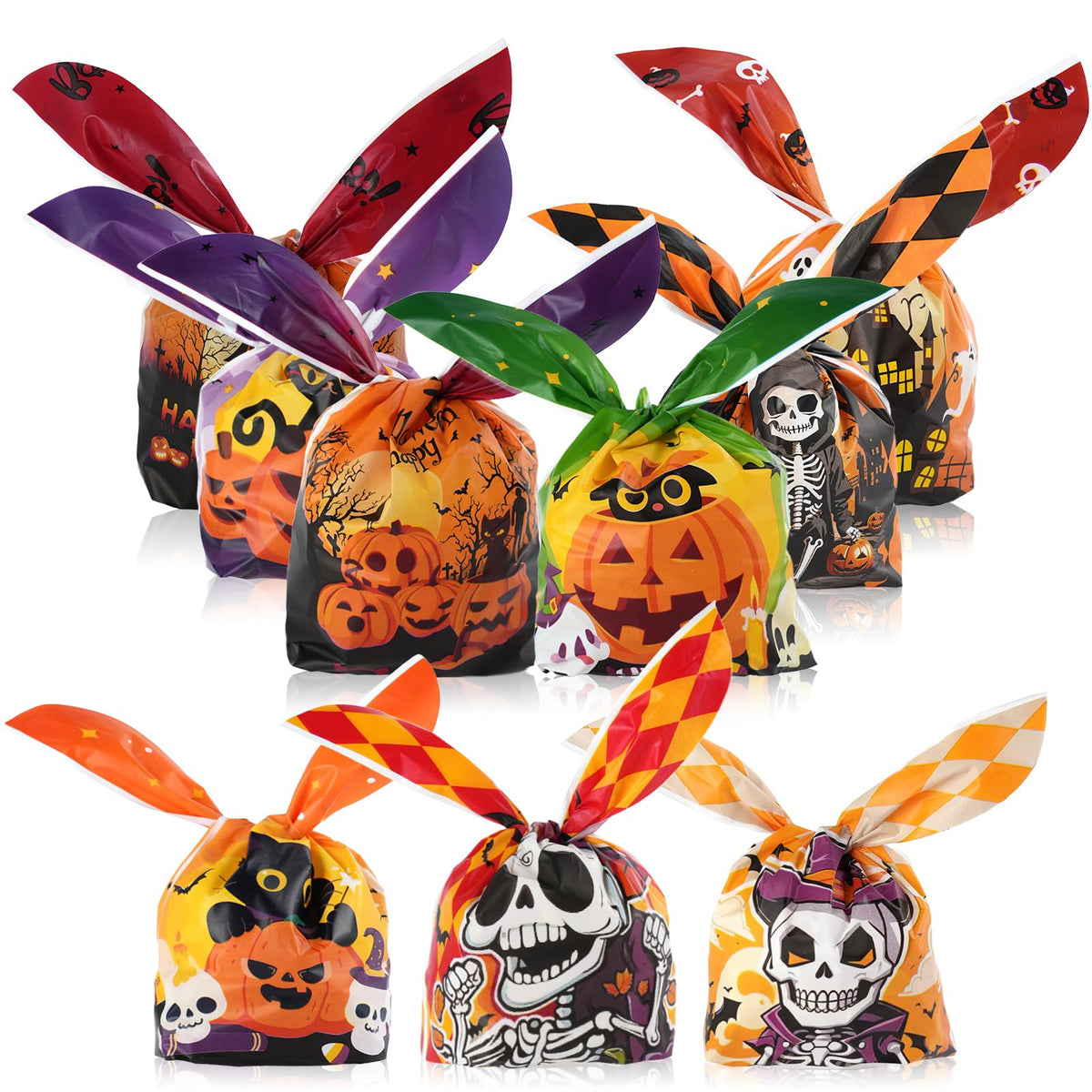 Halloween treat bags in 9 trick-or-treat designs with bunny-ear twist ties