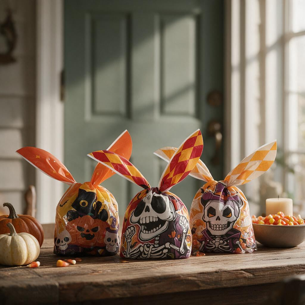 Three Halloween treat bags with bunny-ear twist ties on a wooden table with pumpkins and candy corn