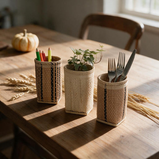 Handwoven natural fiber baskets holding pencils, a plant and cutlery on a farmhouse table
