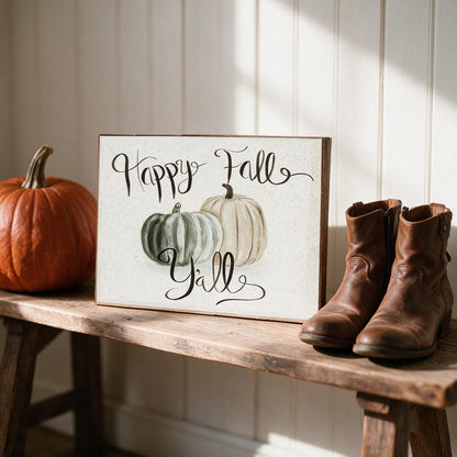 Happy Fall Y'all wood sign with painted pumpkins on a farmhouse bench with boots