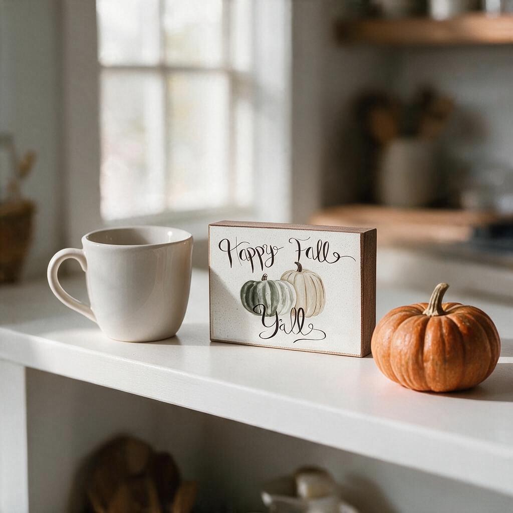 Small 6x4 inch Happy Fall Y'all wood sign on a kitchen shelf, about the height of a coffee mug, beside a mini pumpkin