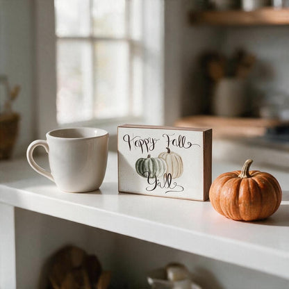 Small 6x4 inch Happy Fall Y'all wood sign on a kitchen shelf, about the height of a coffee mug, beside a mini pumpkin