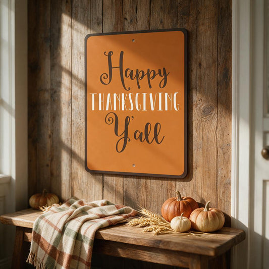 Orange Happy Thanksgiving Y'all sign on a rustic wood wall above a bench with pumpkins and wheat