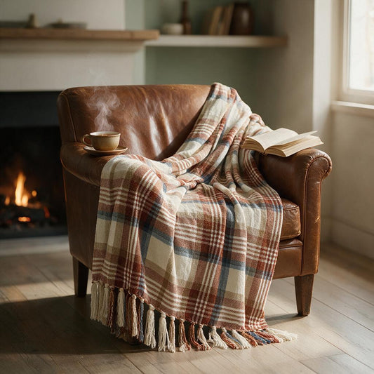 Harvest plaid chenille throw with tassels on a leather armchair by the fireplace