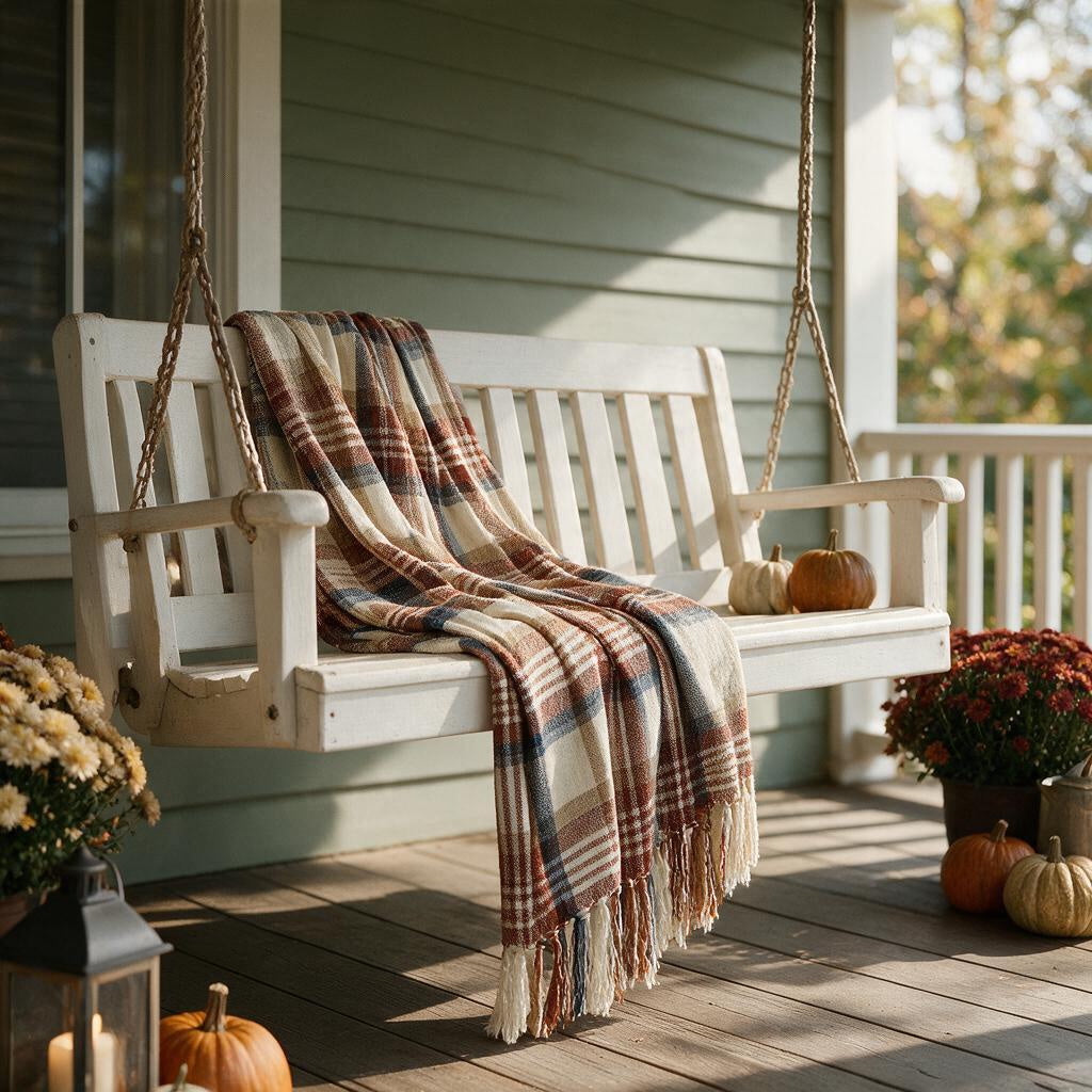 Harvest plaid throw blanket with tassels draped over a white porch swing with pumpkins and mums