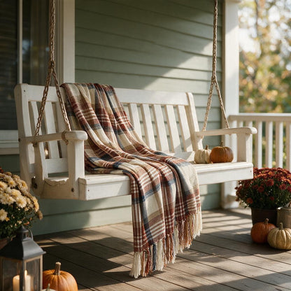 Harvest plaid throw blanket with tassels draped over a white porch swing with pumpkins and mums