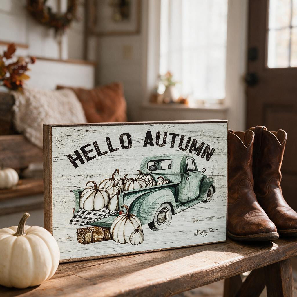 Hello Autumn teal truck wood sign on a farmhouse entryway bench with boots and white pumpkins