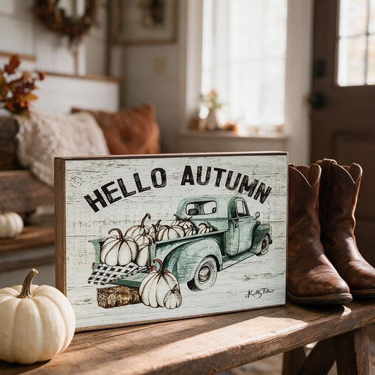 Hello Autumn teal truck wood sign on a farmhouse entryway bench with boots and white pumpkins