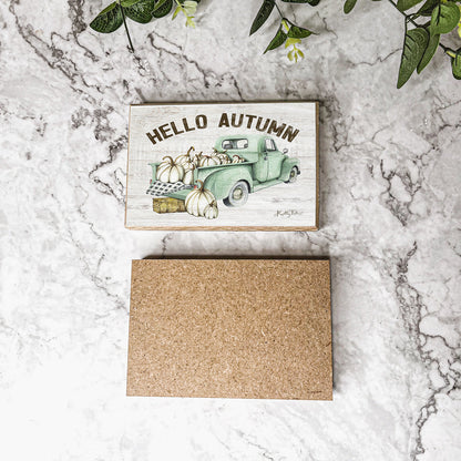 Hello Autumn sign front and cork back on marble