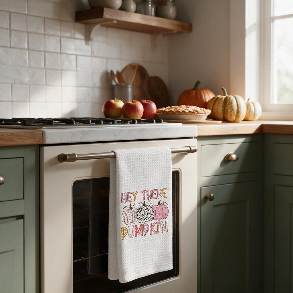 Hey There Pumpkin kitchen towel hanging on an oven handle in a cozy autumn kitchen