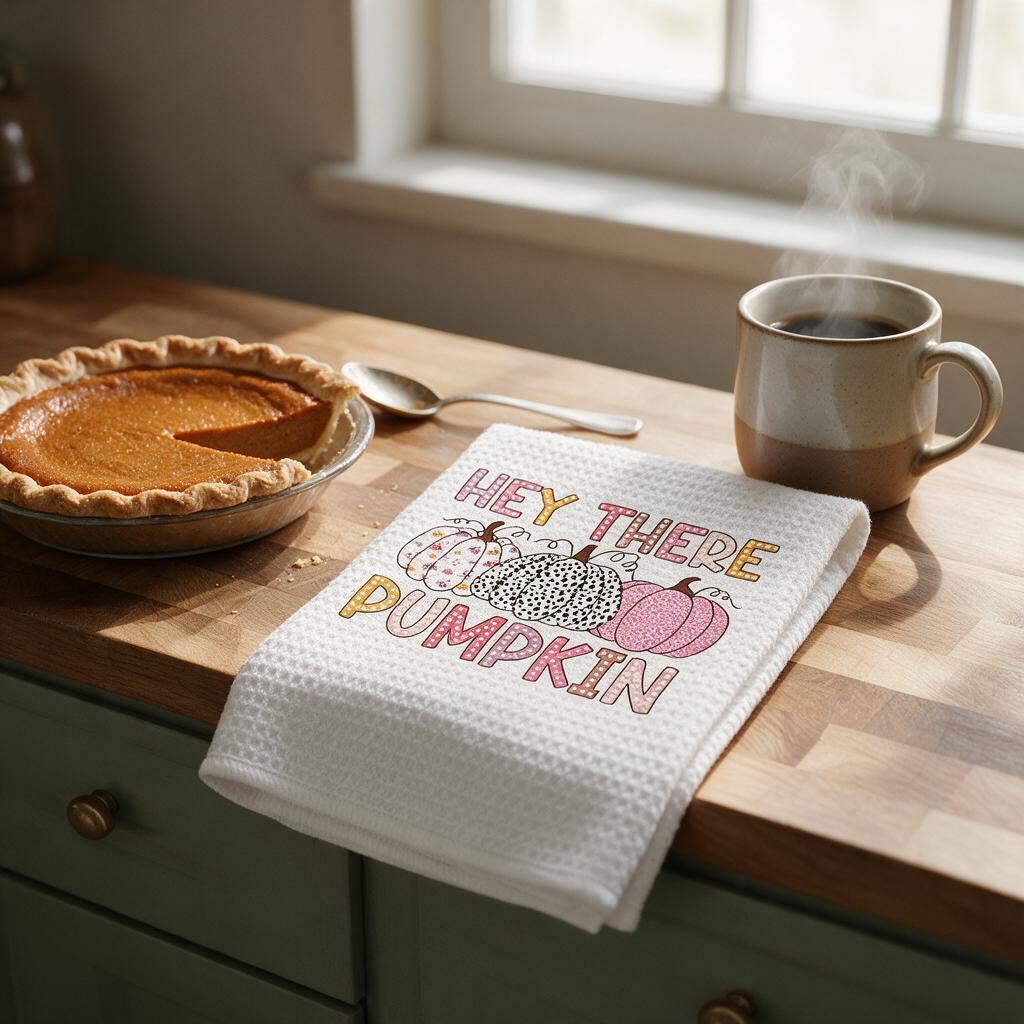 Hey There Pumpkin kitchen towel folded on a butcher-block counter next to a pumpkin pie and coffee mug
