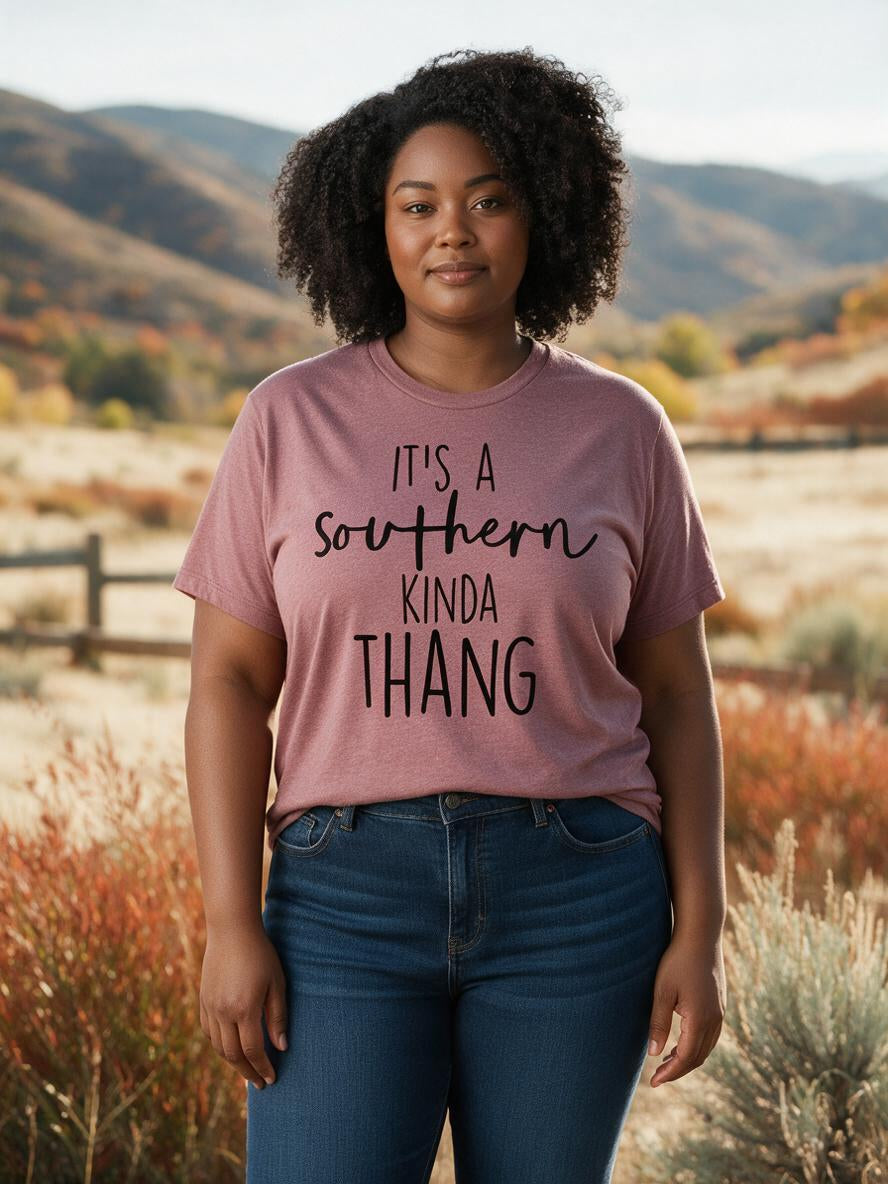 Woman wearing the mauve It's a Southern Kinda Thang t-shirt in the autumn countryside
