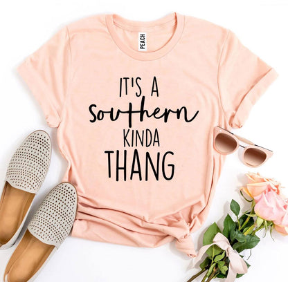 Peach It's a Southern Kinda Thang t-shirt flat lay with loafers and flowers