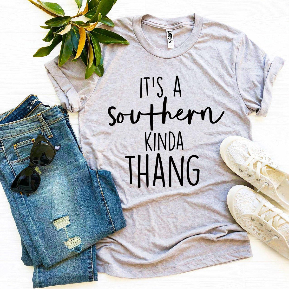 Light gray It's a Southern Kinda Thang t-shirt flat lay with jeans and sneakers