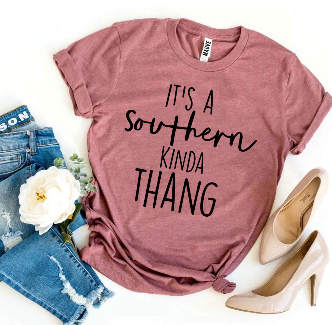Mauve It's a Southern Kinda Thang t-shirt flat lay with jeans and heels