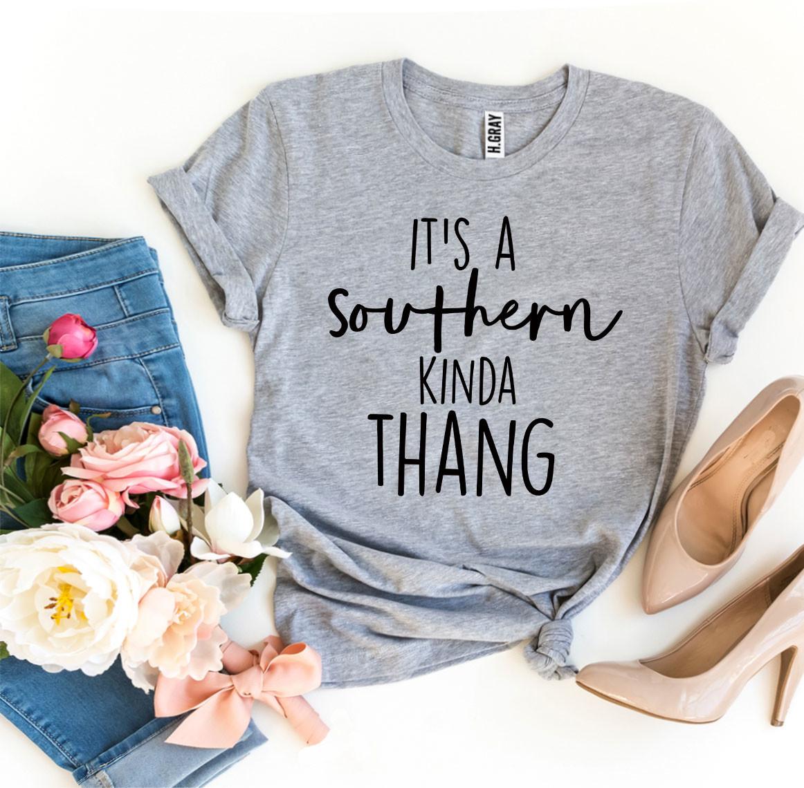 Heather gray It's a Southern Kinda Thang t-shirt flat lay with flowers