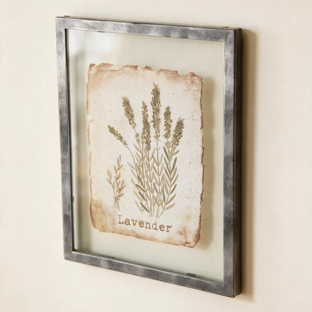 Close-up of the Lavender print frame showing the galvanized metal edge, clear glass border and vintage botanical illustration
