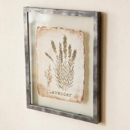Close-up of the Lavender print frame showing the galvanized metal edge, clear glass border and vintage botanical illustration