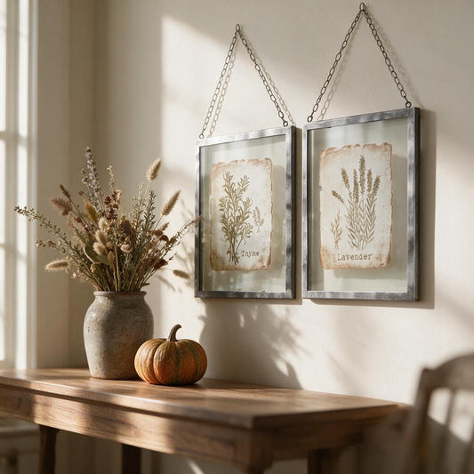 Pair of Thyme and Lavender botanical print frames hanging on chains above a farmhouse console table
