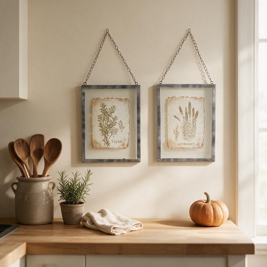 Thyme and Lavender botanical print frames hanging on chains above a butcher-block kitchen counter with wooden spoons and rosemary
