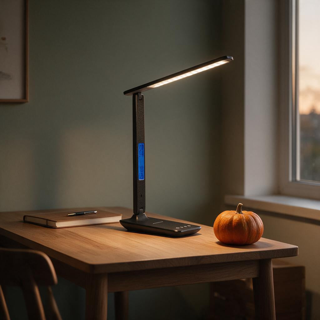 Black LED desk lamp with clock display glowing on a wooden desk with a notebook and pumpkin