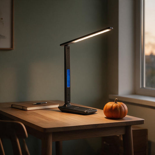 Black LED desk lamp with clock display glowing on a wooden desk with a notebook and pumpkin