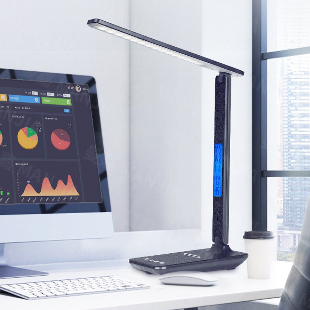 LED desk lamp lighting a home office desk