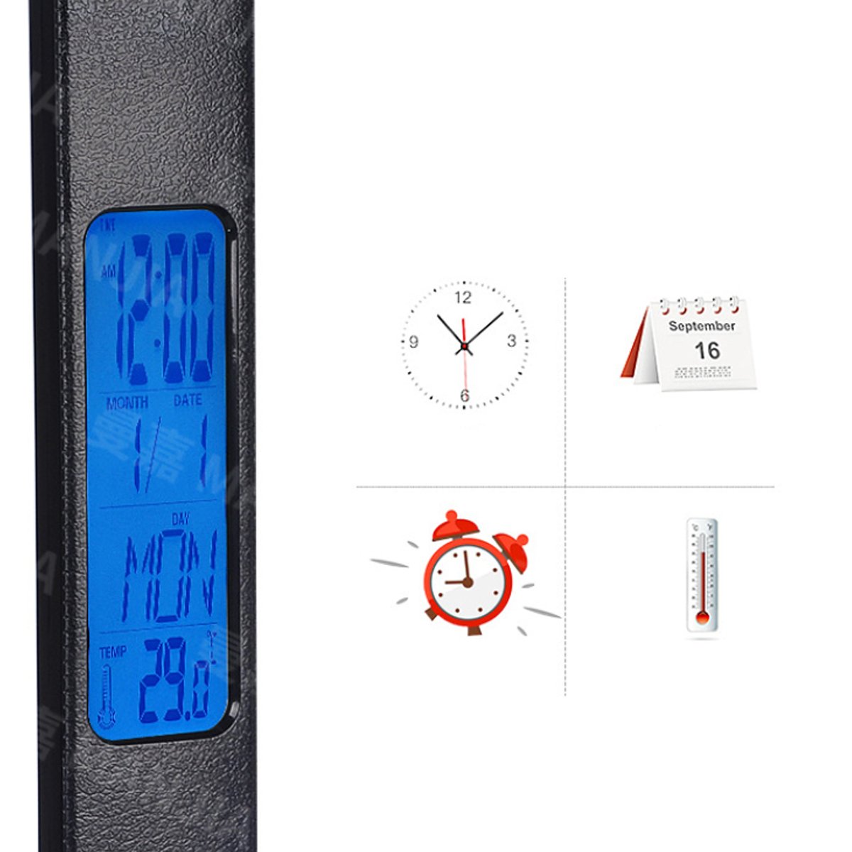 Desk lamp display: clock, date, alarm and temperature