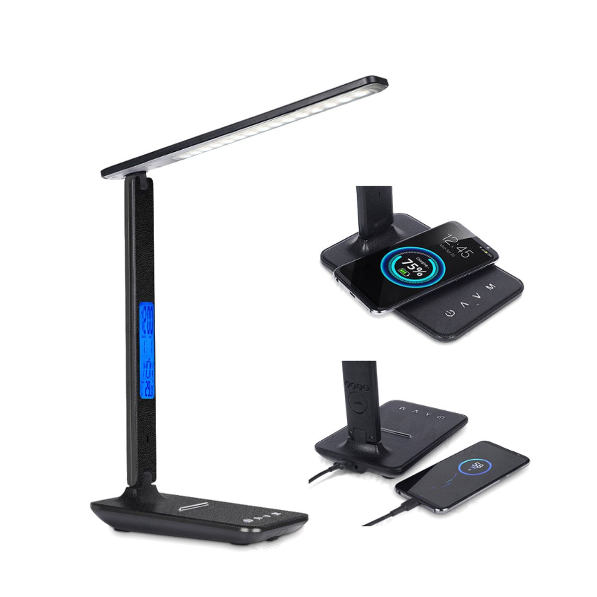 LED desk lamp wirelessly charging a phone on its base