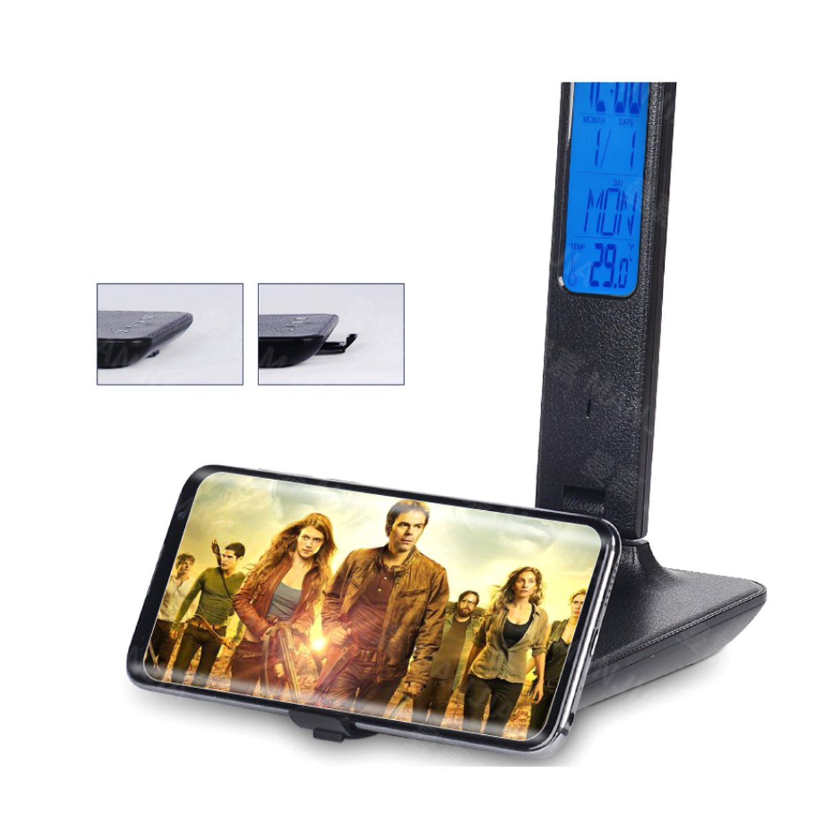 Phone standing in the desk lamp base slot to watch videos