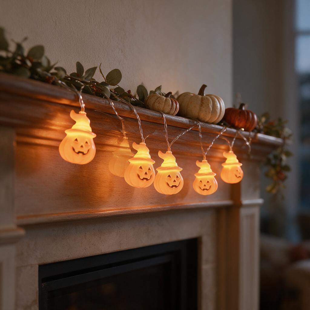 Glowing pumpkin string lights with little hats draped along a fireplace mantel