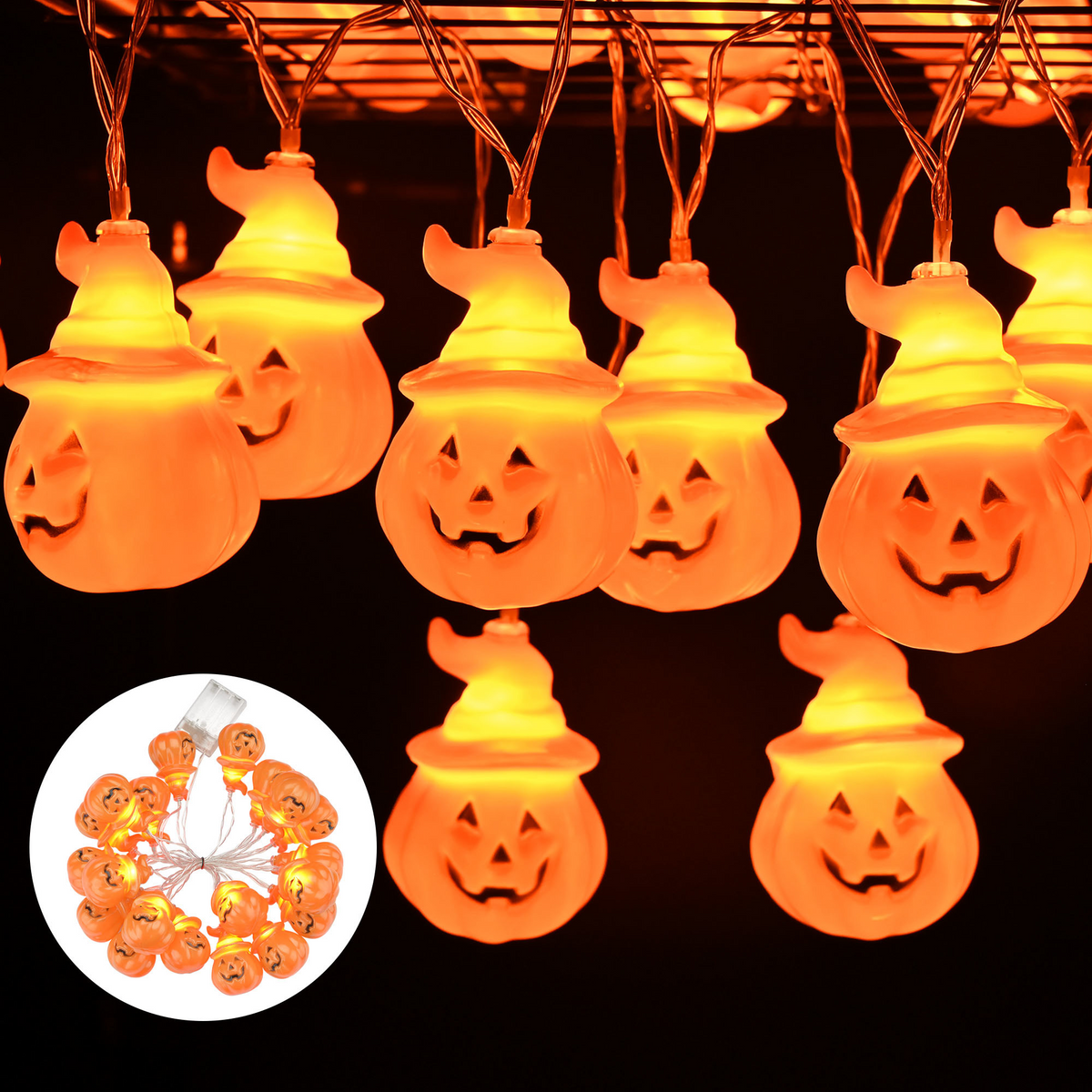 Glowing jack-o-lantern LED string lights with witch hats, coiled strand inset