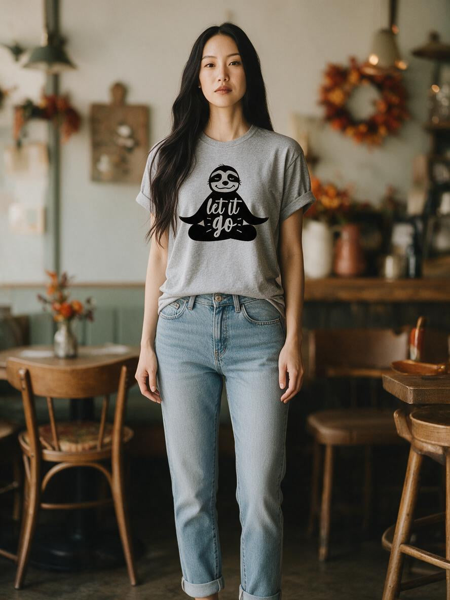 Woman wearing the grey Let It Go meditating sloth t-shirt in a cozy autumn cafe