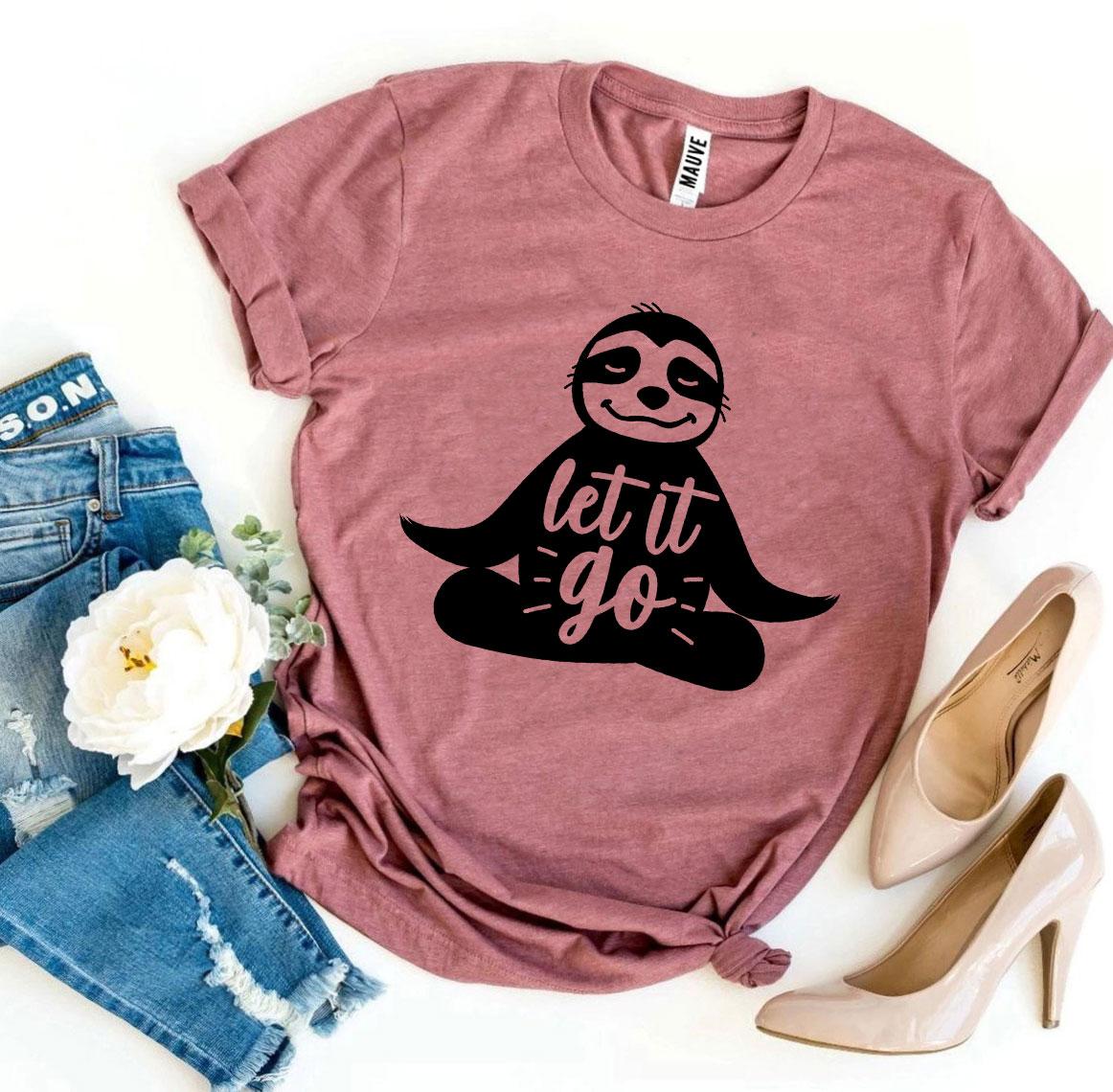 Mauve Let It Go sloth t-shirt flat lay with jeans and heels