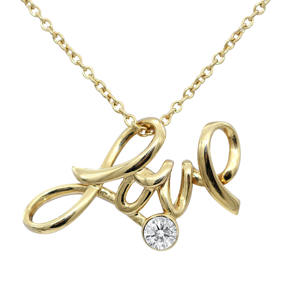 Gold-plated Love script pendant with a round white crystal on its chain, on white