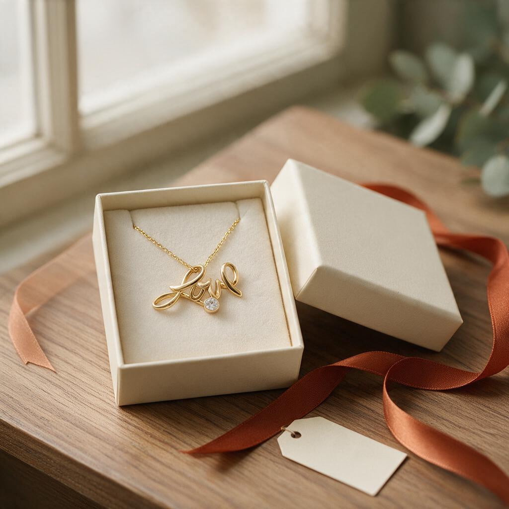 Gold Love script necklace in an open cream jewelry gift box with a rust ribbon and gift tag