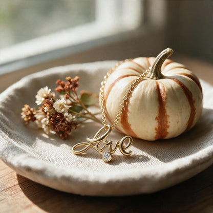 Gold Love script necklace with crystal shown at true 1.46-inch size on a linen dish beside a mini pumpkin and dried flowers