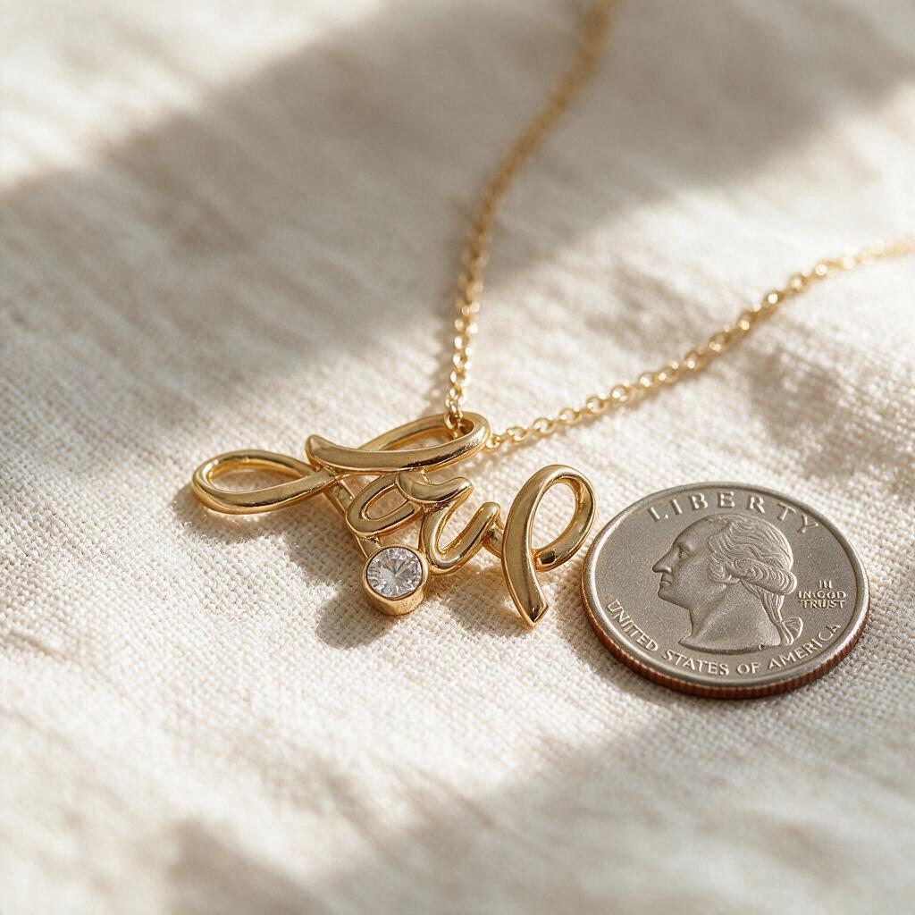 Gold Love pendant next to a U.S. quarter for size: the pendant is about 1.5 times the quarter's width