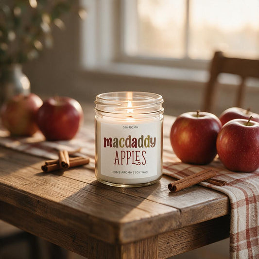Apple soy candle lit on a farmhouse table with red apples and cinnamon sticks